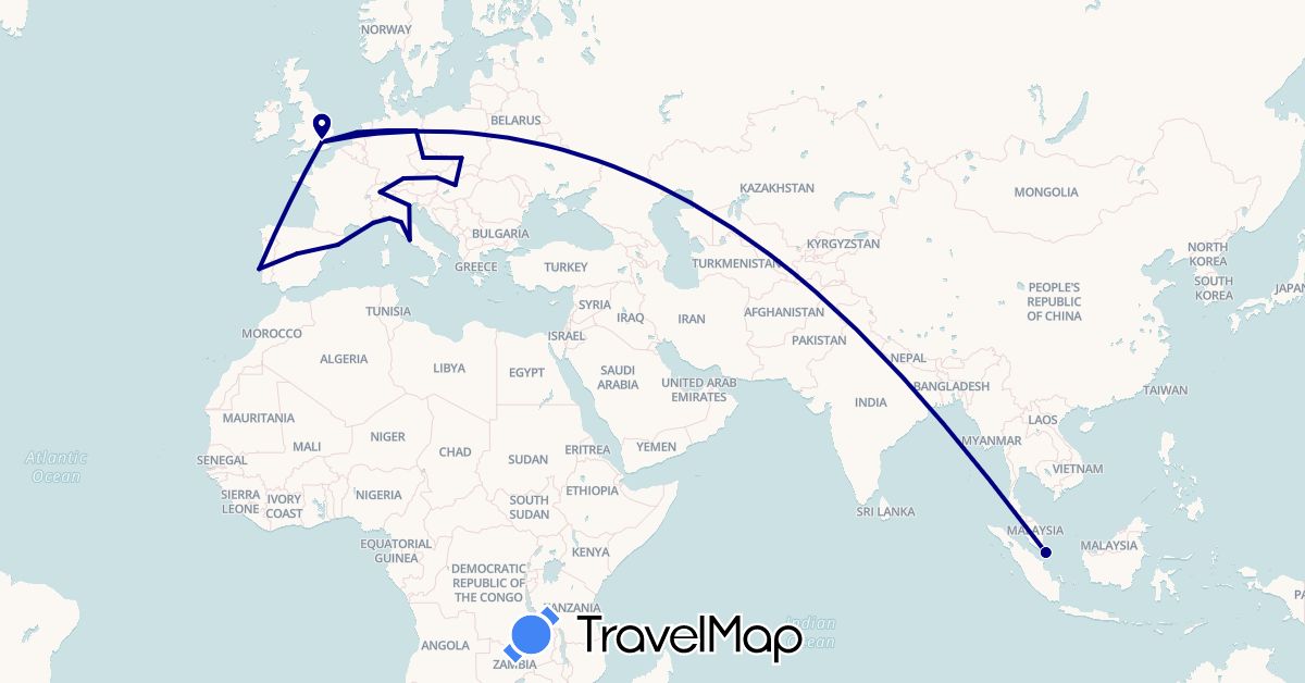 TravelMap itinerary: driving in Austria, Switzerland, Czech Republic, Germany, Spain, France, United Kingdom, Hungary, Italy, Netherlands, Poland, Portugal, Singapore (Asia, Europe)